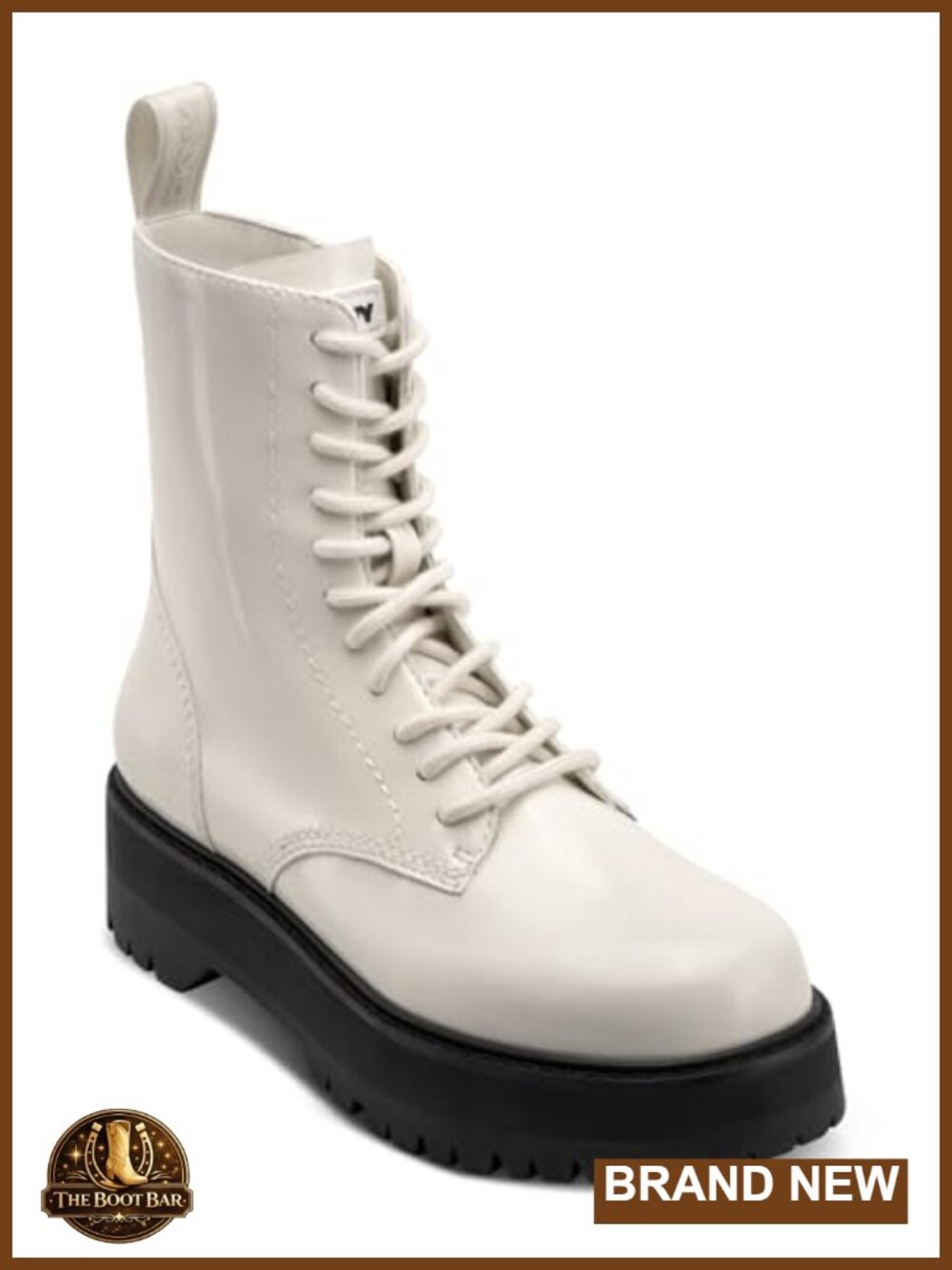 DKNY Batu Faux Leather Lace Up Ankle Combat Boot Square Toe Block Heel